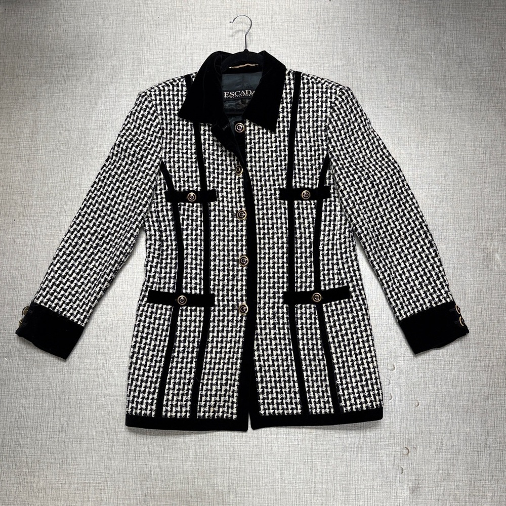 1990s Escada Blazer Houndstooth Long Sleeve Jacket VTG 90s Velvet Trim 4…‎